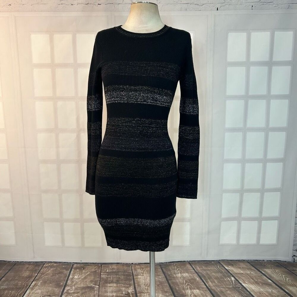 John + Jenn Black and Silver Grey Striped Ribbed Bodycon Long Sleeve Dress Size